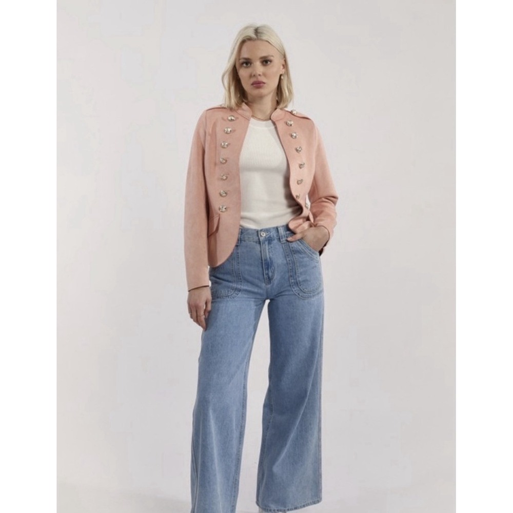 Molly Bracken Peach Faux Suede Officer Slim Lightweight Jacket Blazer NWT